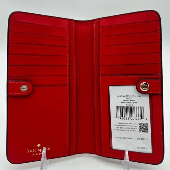 Kate Spade Large Pebbled Leather Slim Bifold Wallet Red - Picture 7 of 7